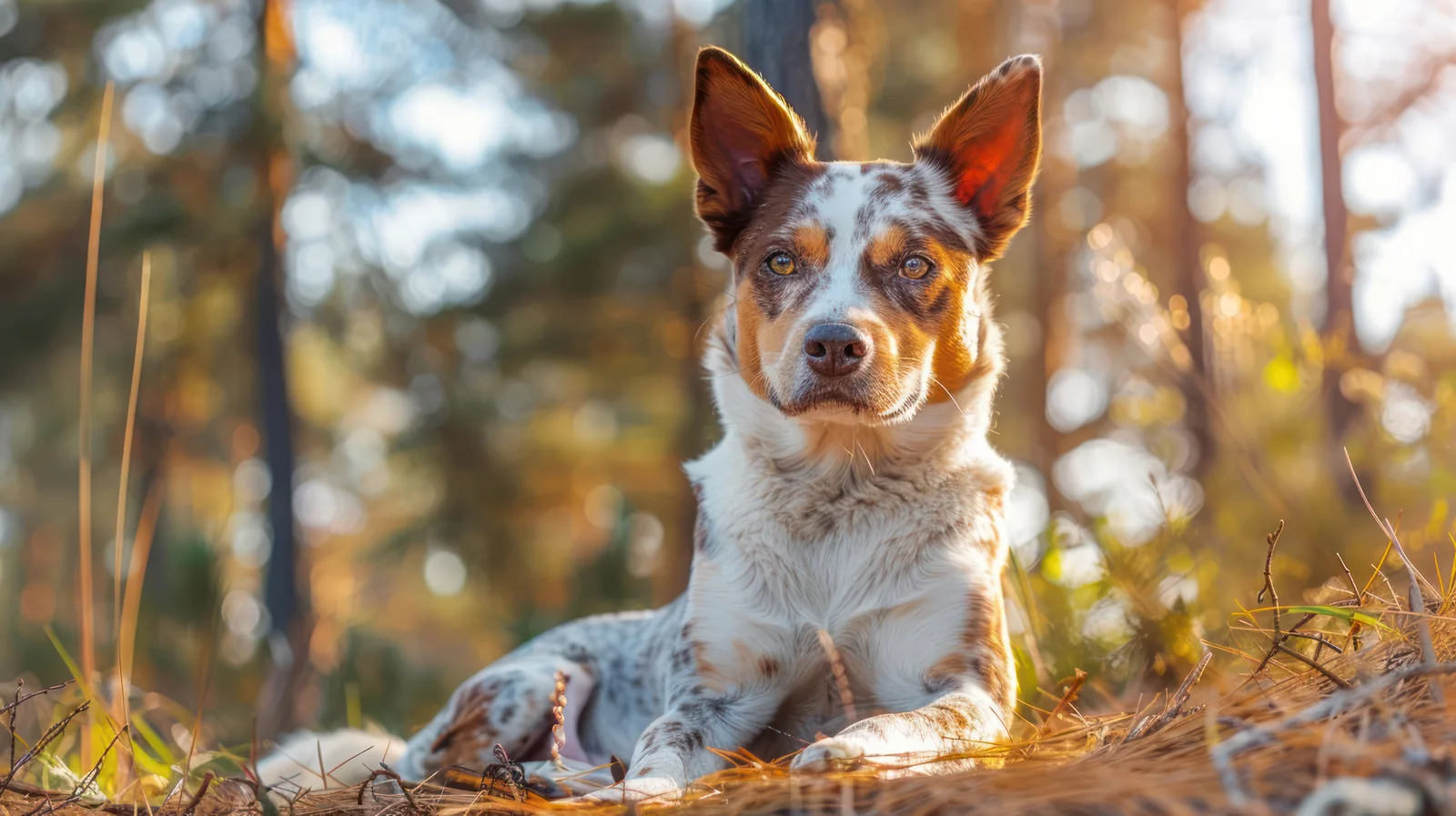 Australian Cattle Dog resting in a sunlit forest