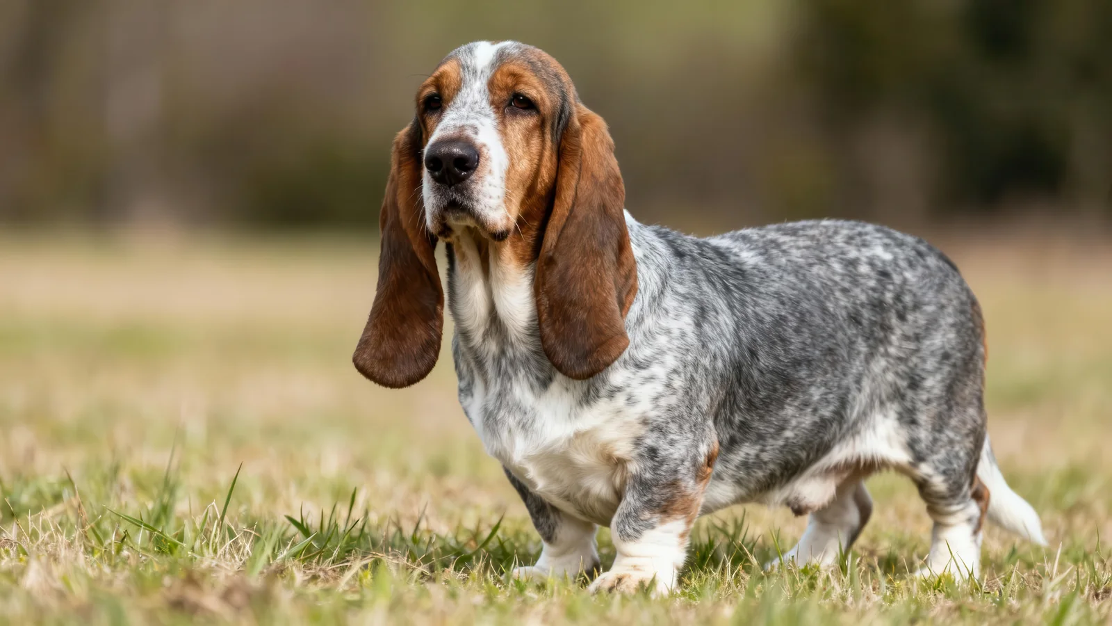 Basset Hound standing in a grassy field