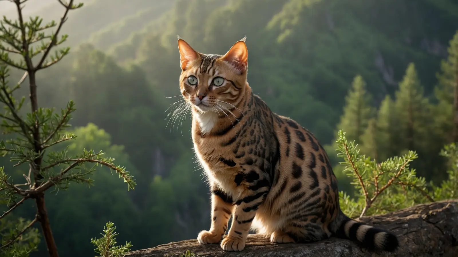 Spotted Bengal cat perched on a log against a green forest backdrop