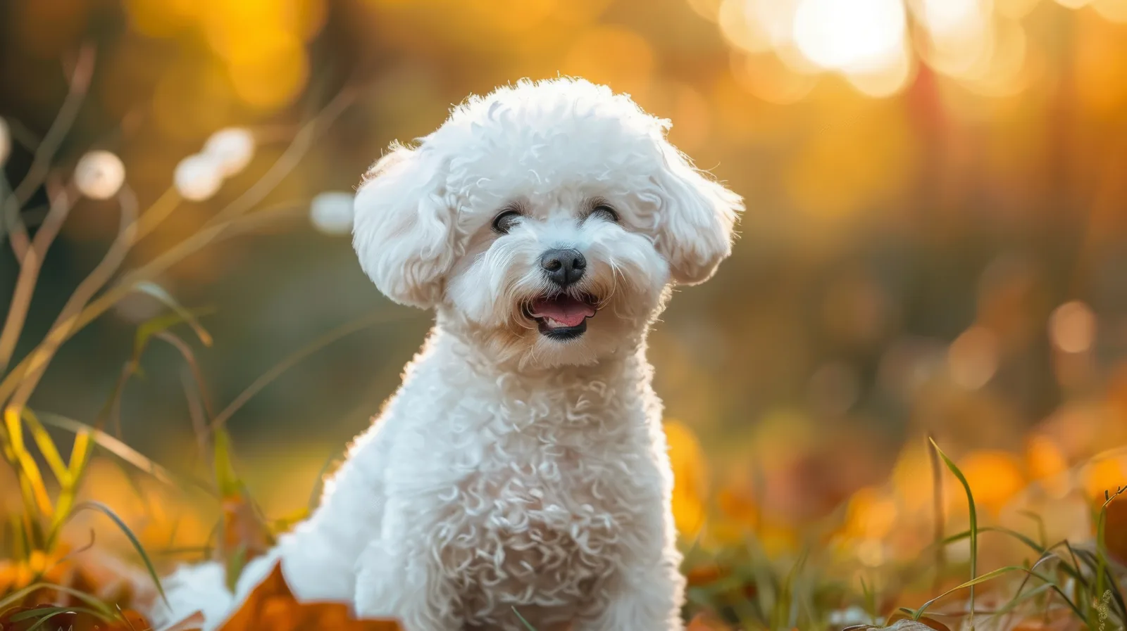 Bichon Frise sitting in golden autumn light