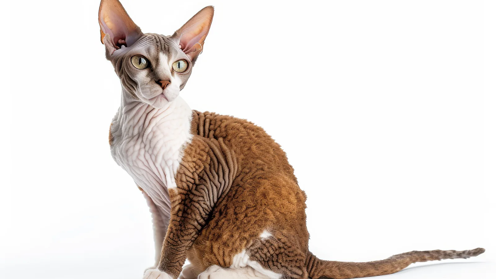 White Cornish Rex cat with wavy coat and tall ears in profile
