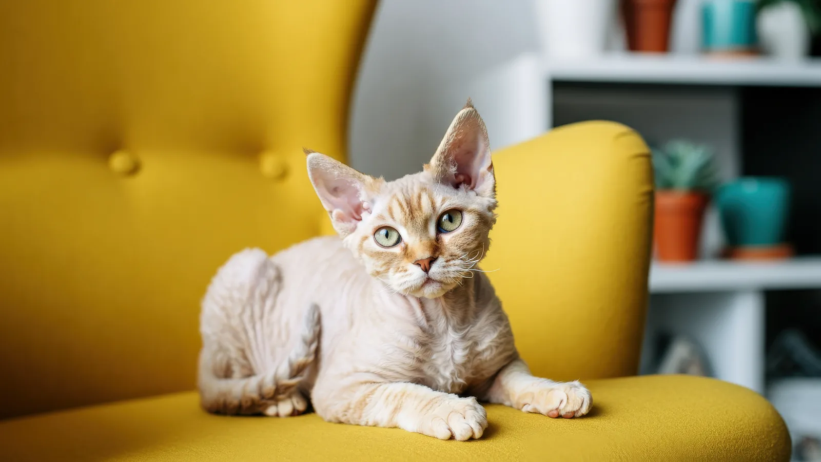 Fawn Devon Rex cat with curly coat and large ears resting on a chair