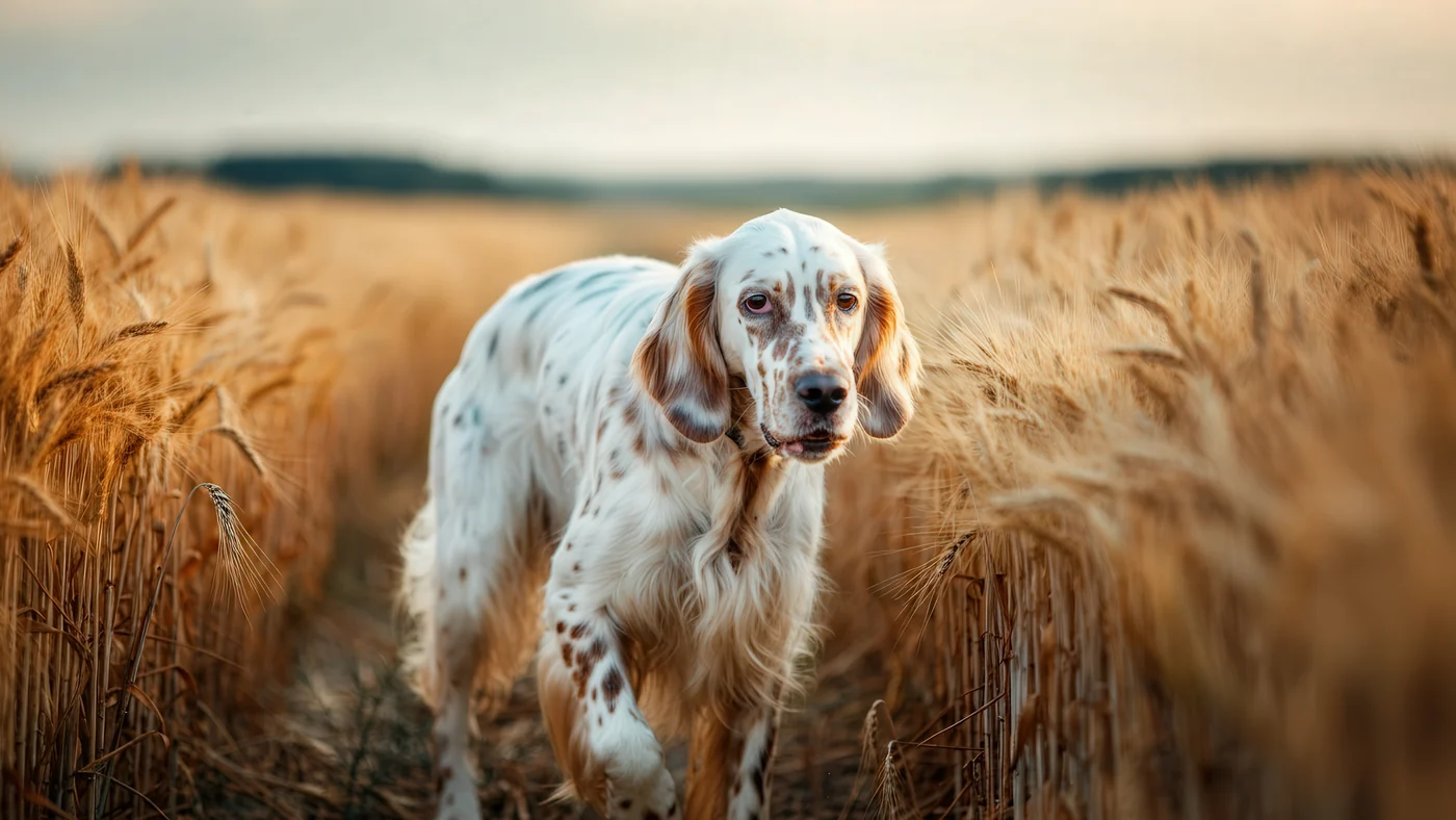 English Setter walking through a golden wheat field at sunset