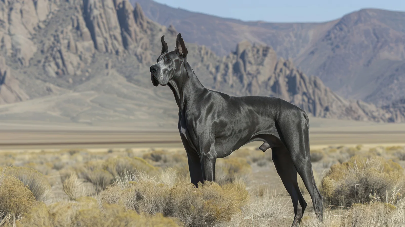 Great Dane standing before a desert mountain landscape