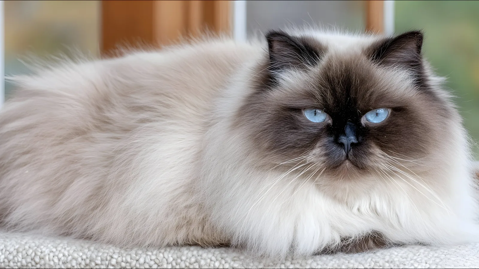 Seal-point Himalayan cat with striking blue eyes and a fluffy coat