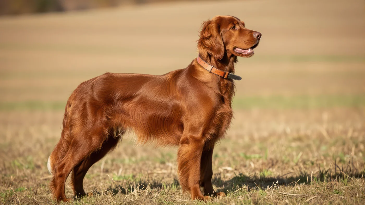Irish Setter standing alert in a sunlit field