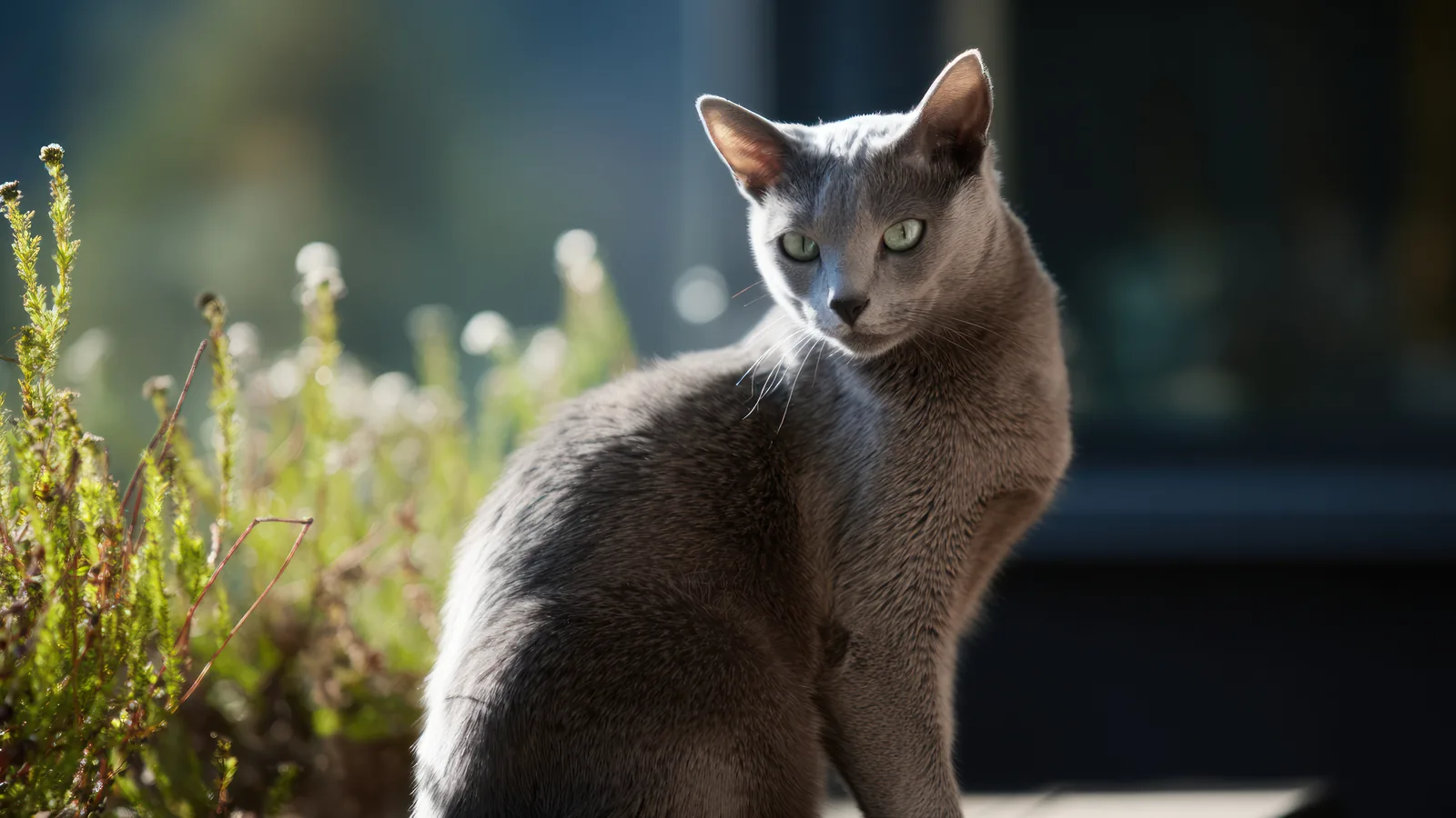 Silver-blue Korat cat with luminous green eyes