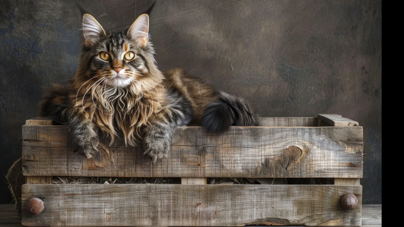 Long-haired Maine Coon lounging in a rustic wooden crate