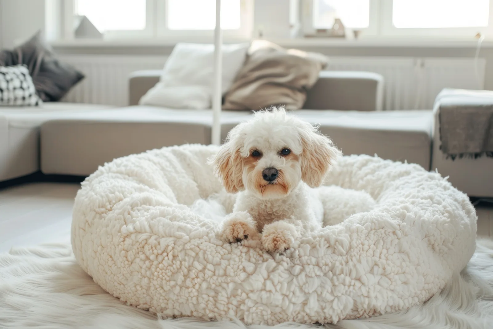 White Maltese resting in a plush bed in a bright living room