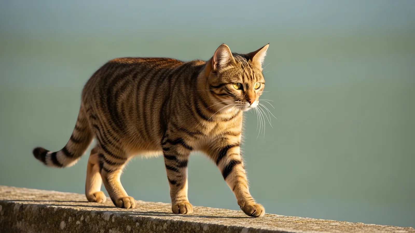 Brown tabby Manx cat walking outdoors