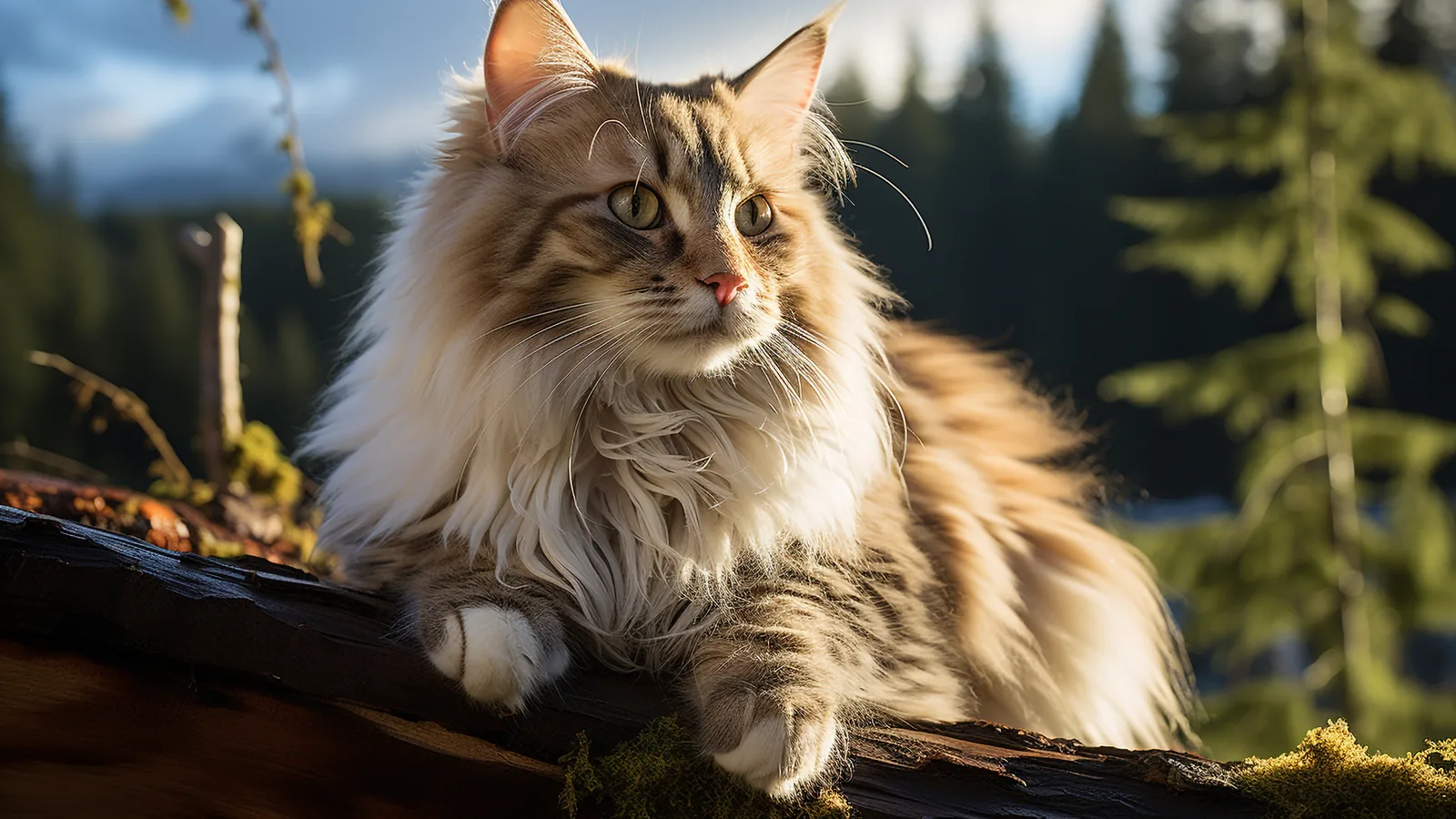 Fluffy brown-and-white Norwegian Forest Cat perched on a mossy log outdoors