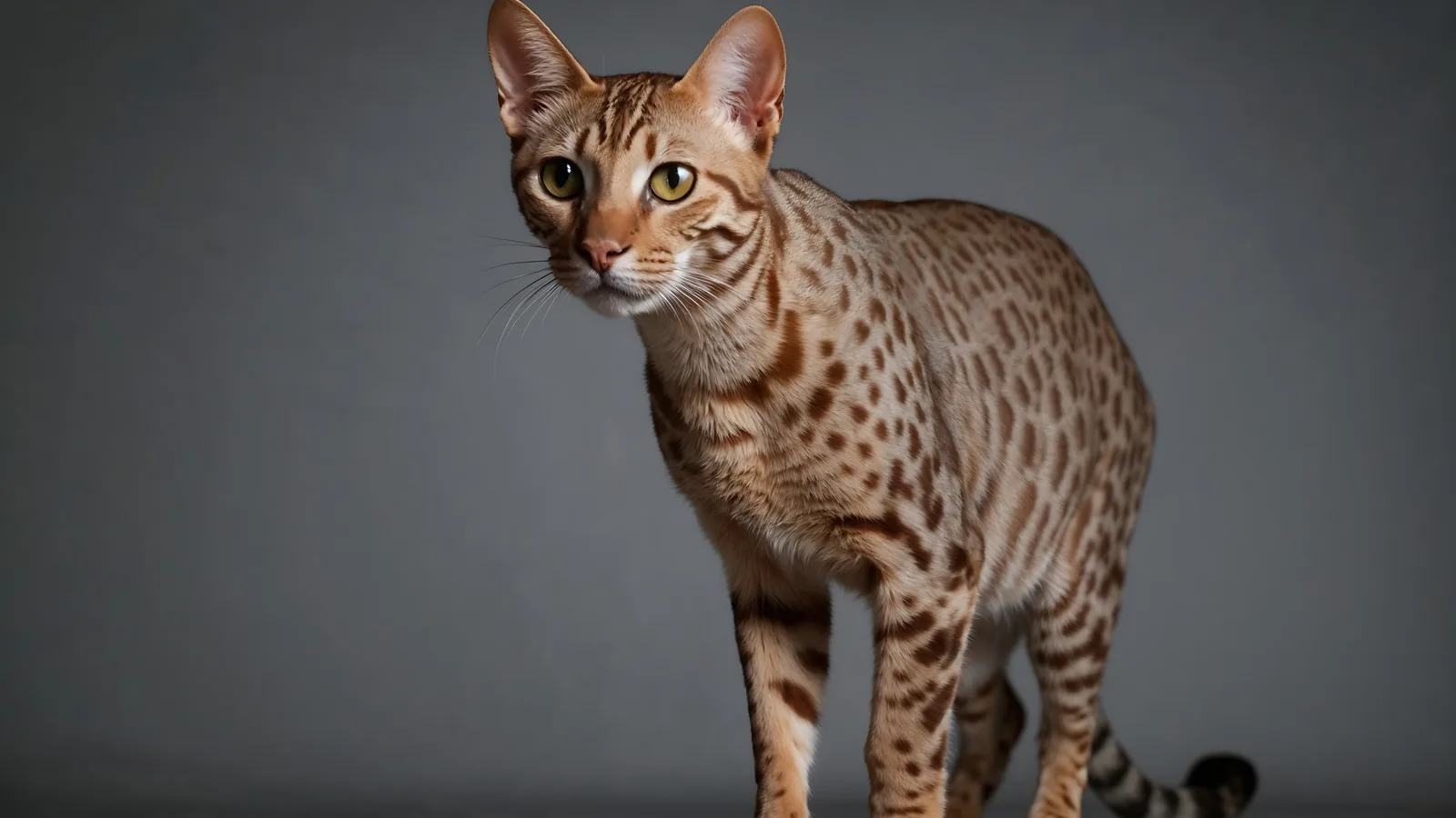 Spotted wild-looking Ocicat standing alert with a lithe body