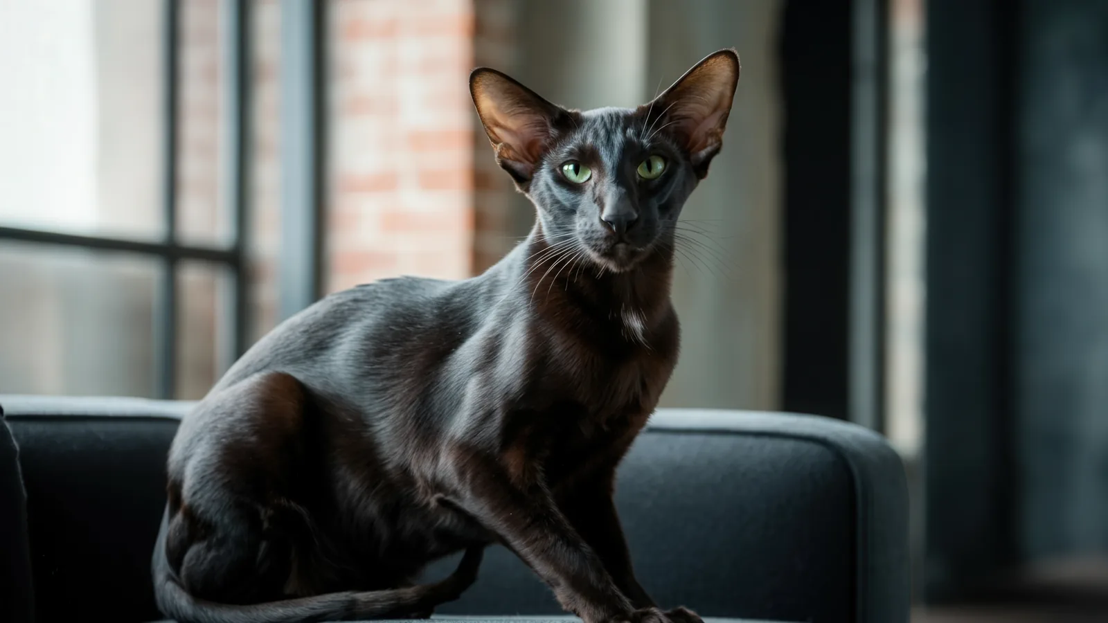 Sleek black Oriental Shorthair cat with large ears and green eyes
