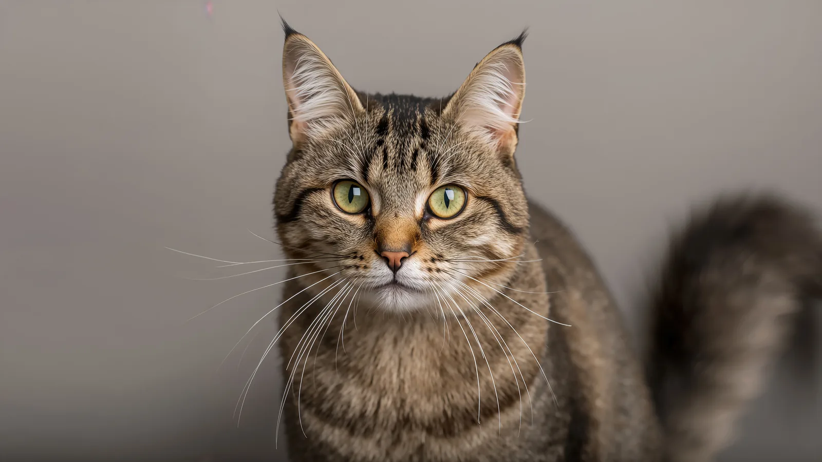 Brown-tabby Pixie-bob cat with a wild bobcat-like face and amber eyes