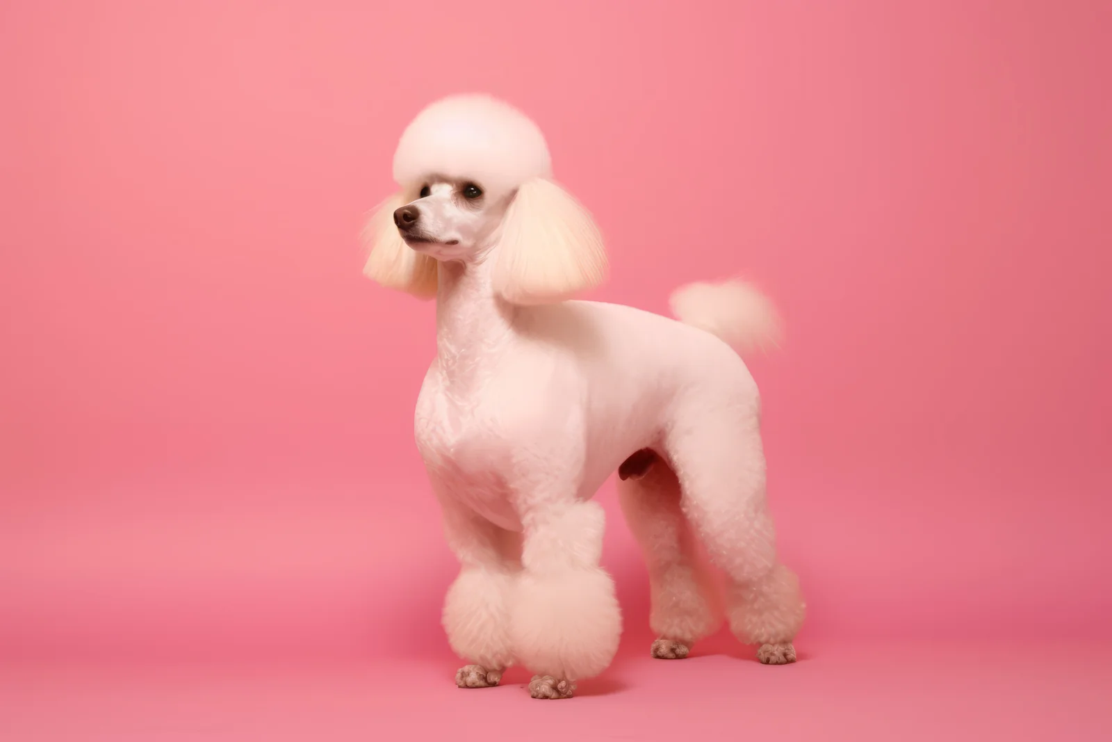 Elegantly groomed Poodle standing in profile