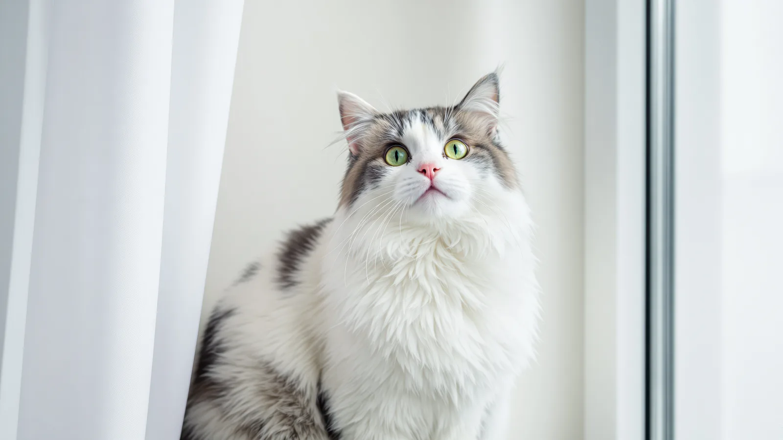 Fluffy tabby-and-white Ragamuffin cat with green eyes by a window