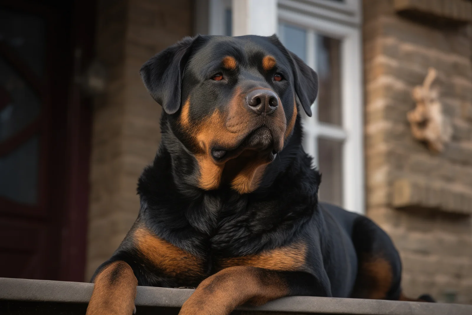 Adult Rottweiler resting outside a house