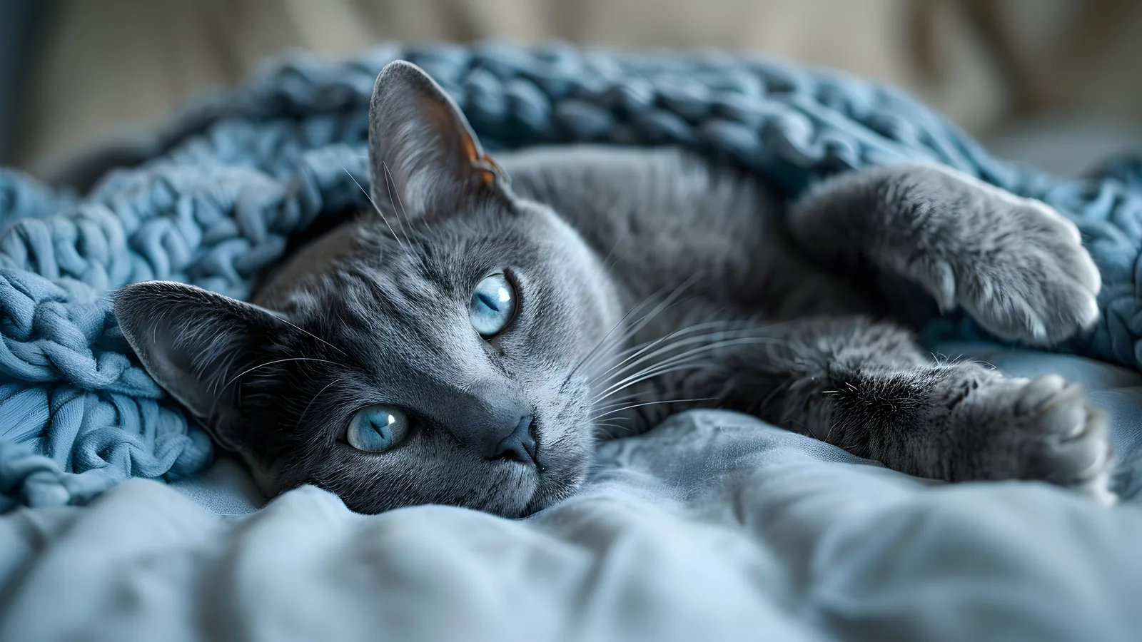 Russian Blue cat with vivid blue eyes resting on a soft blue blanket