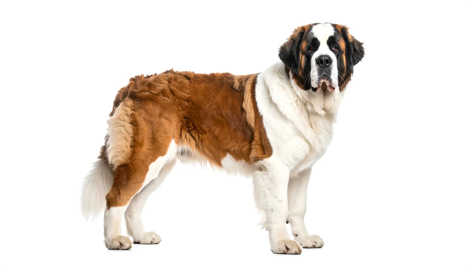 Saint Bernard standing in profile in a studio