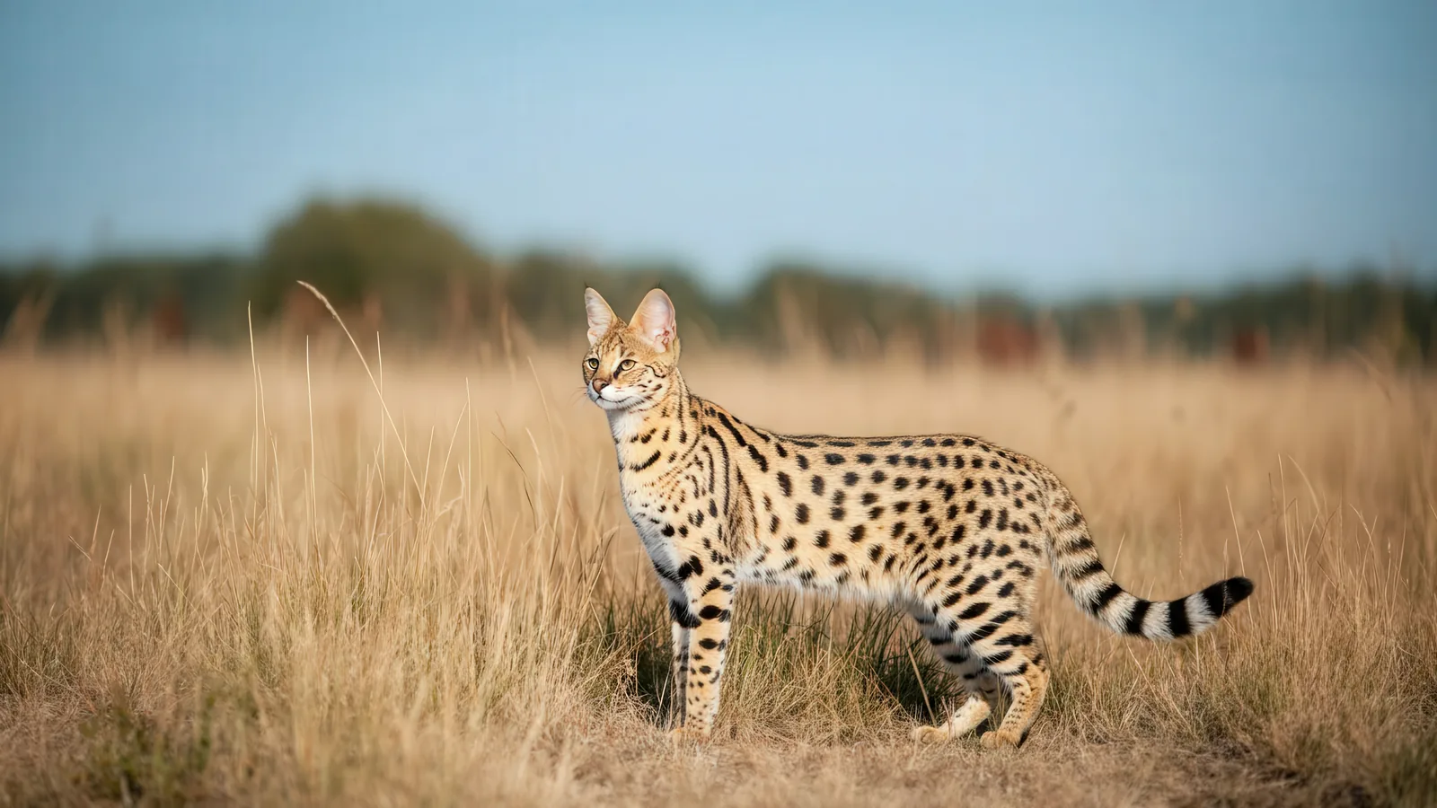Spotted Savannah cat standing alert in tall golden grass