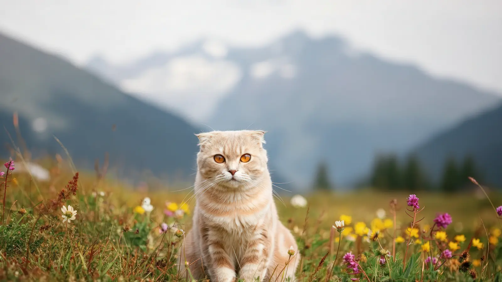Cream Scottish Fold sitting in an alpine wildflower meadow