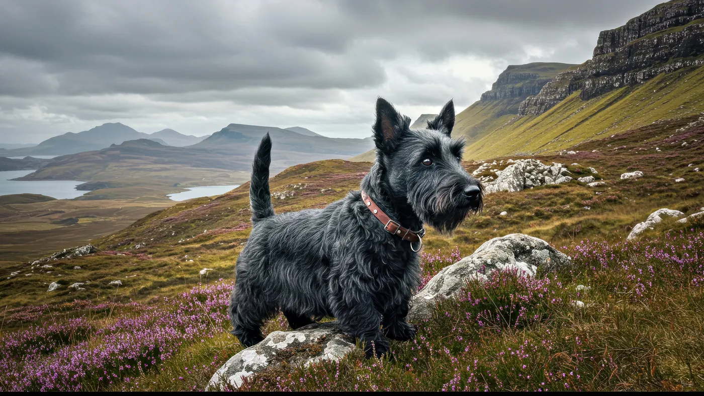 Black Scottish Terrier standing on a heather-covered Scottish hillside
