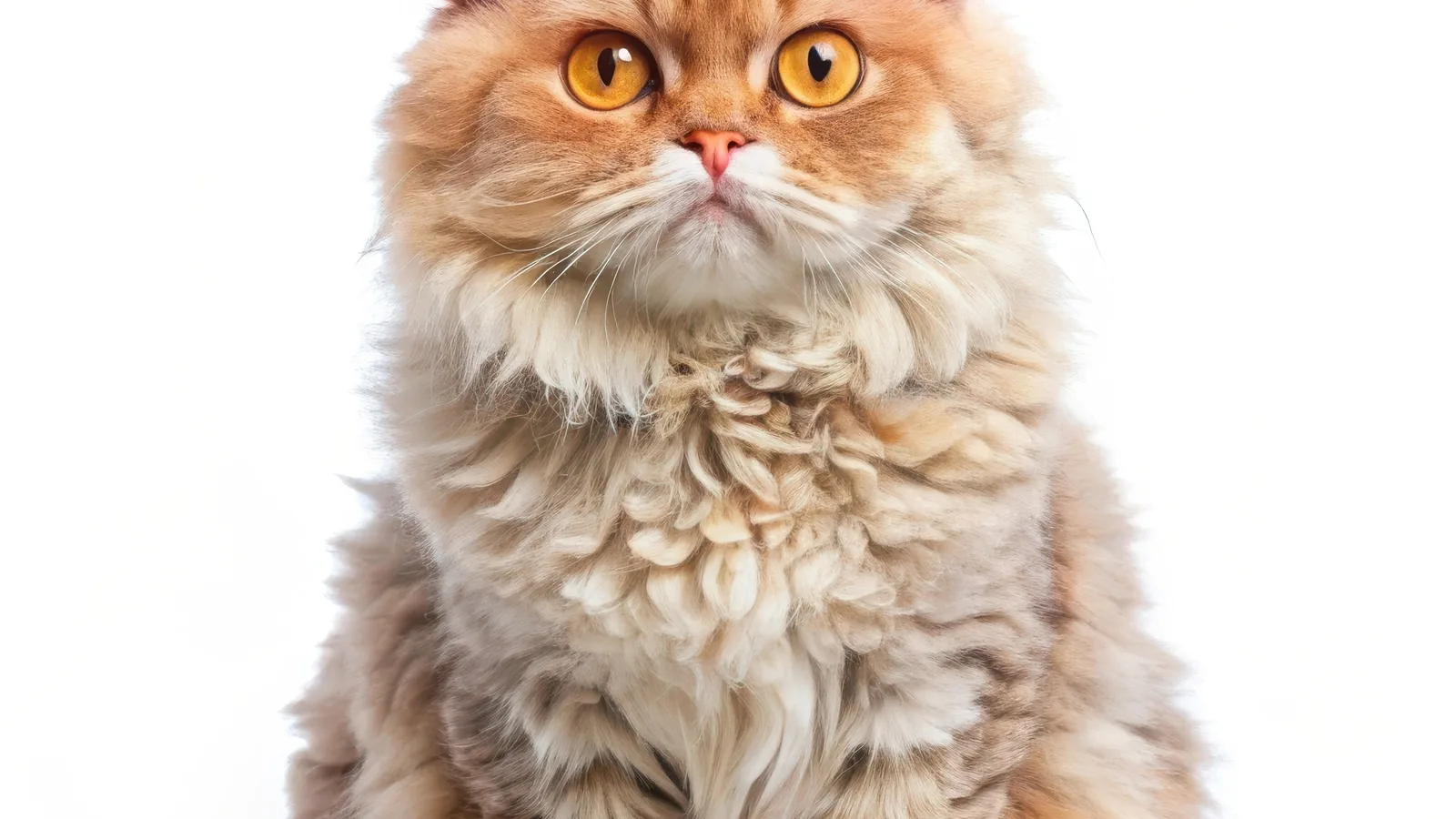 Cream Selkirk Rex cat with a distinctive curly plush coat