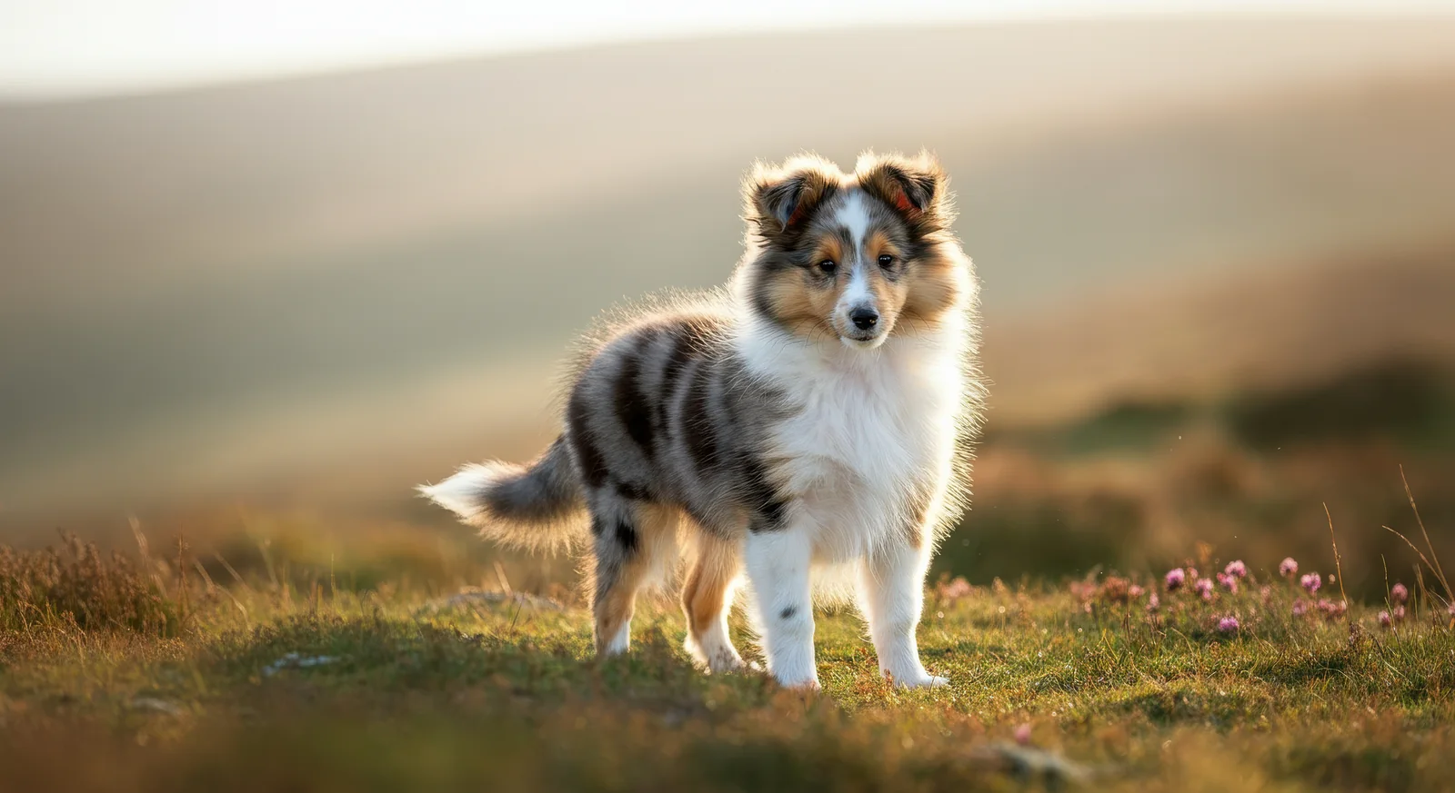 Shetland Sheepdog puppy standing in a sunlit meadow