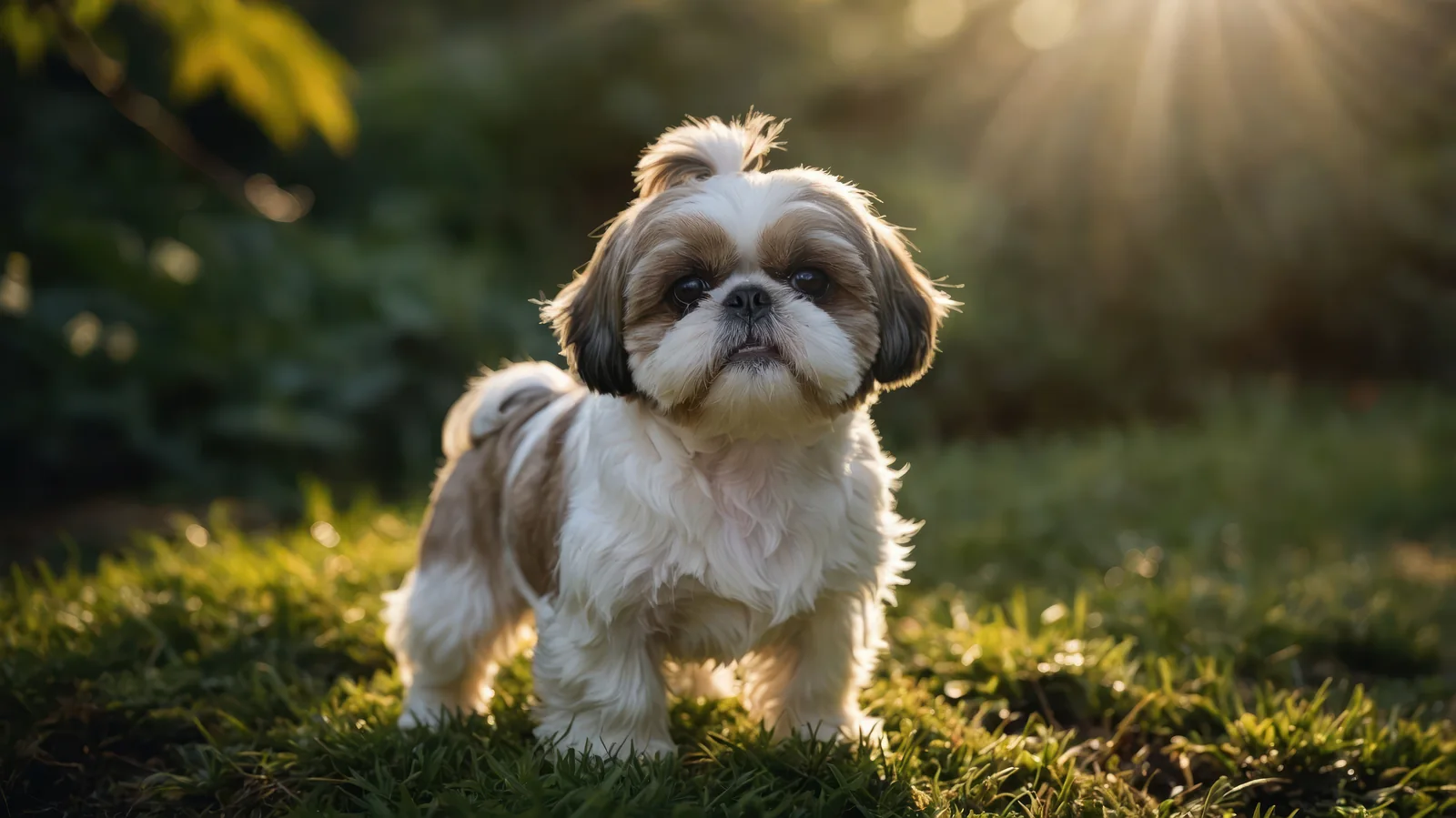 Shih Tzu standing in sunlit grass