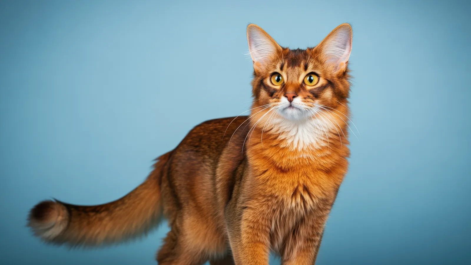 Ruddy long-haired Somali cat with a bushy coat and green eyes