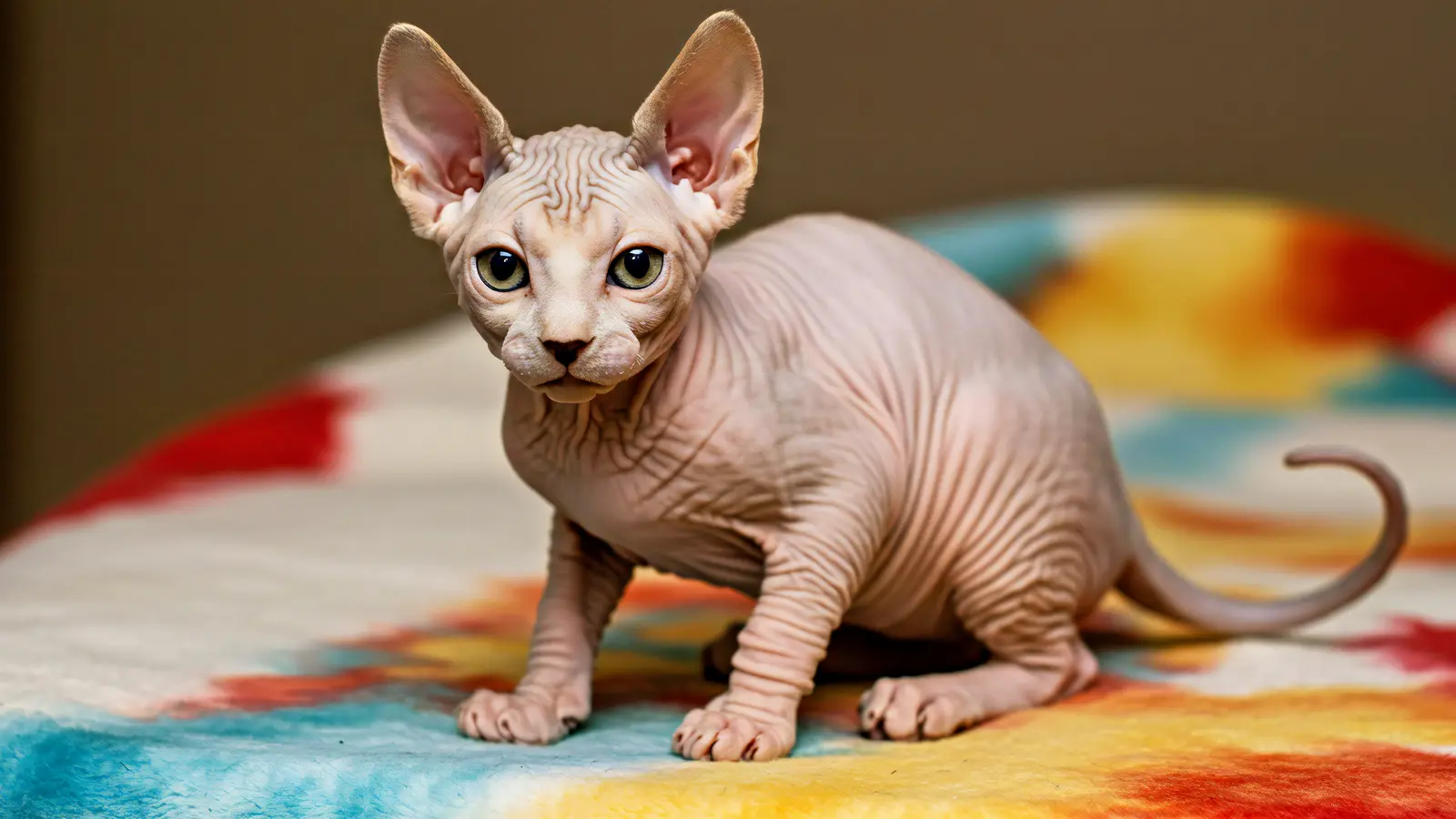 Hairless cream Sphynx cat with large ears sitting on a colorful blanket