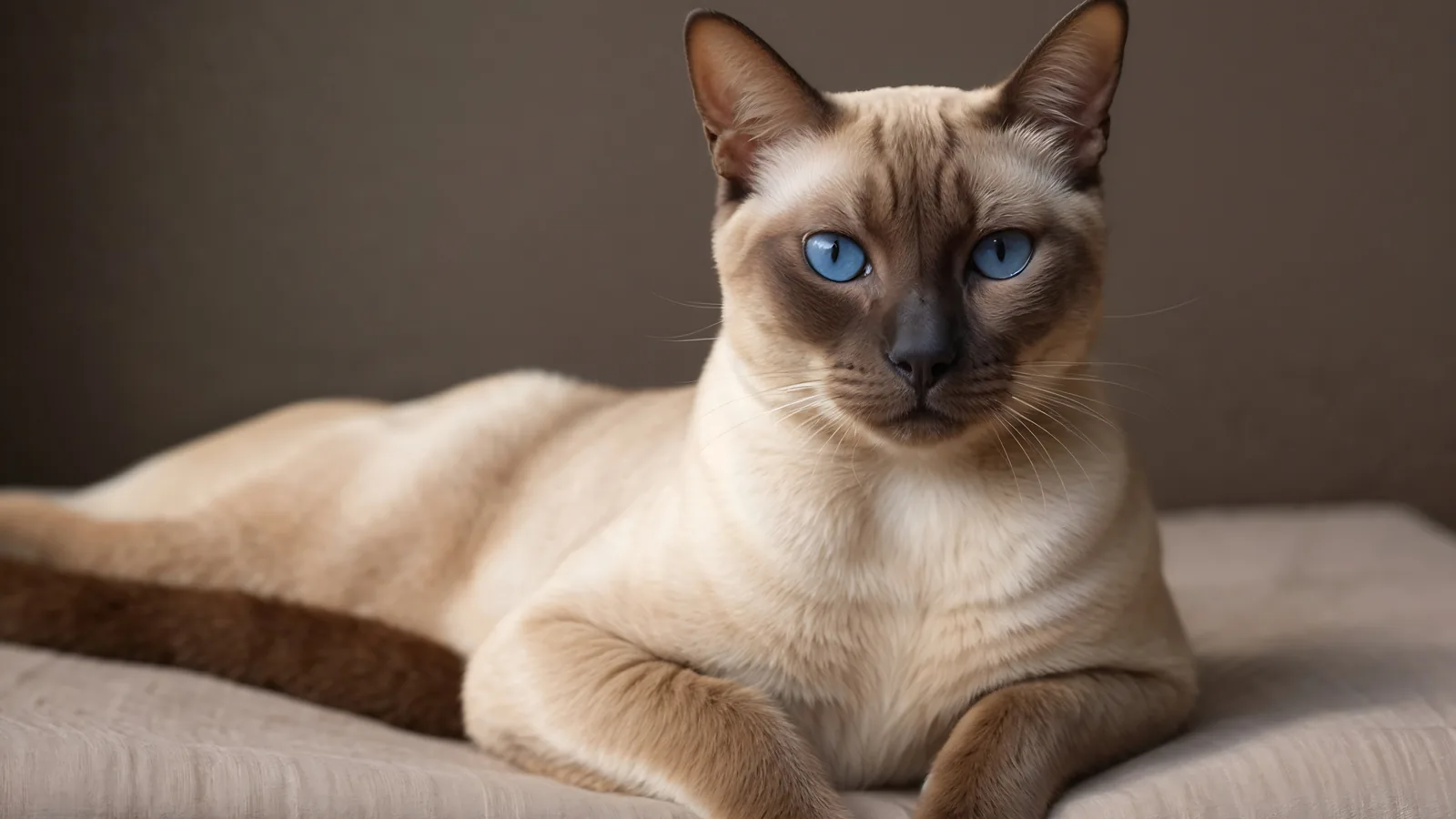Mink Tonkinese cat with blue eyes reclining on a sofa
