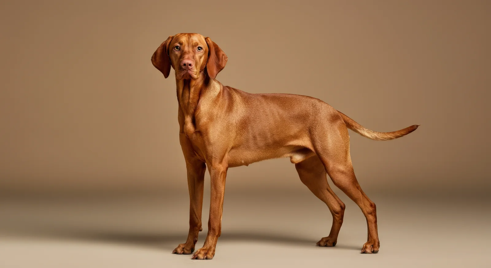 Vizsla standing in a regal pose against a warm backdrop