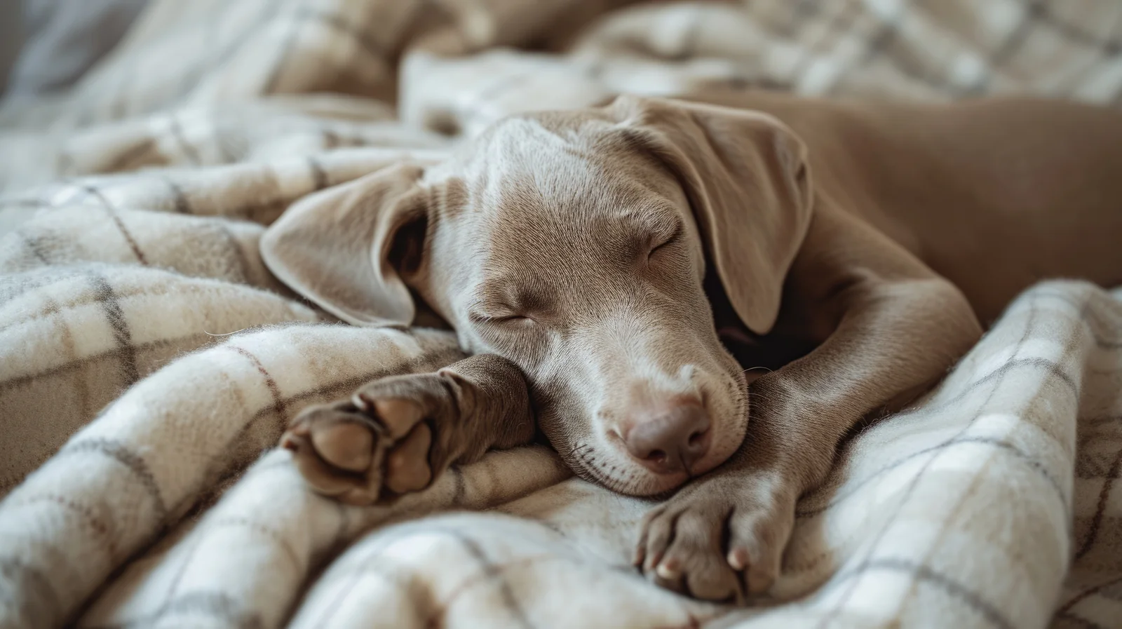Weimaraner sleeping curled up on a soft blanket